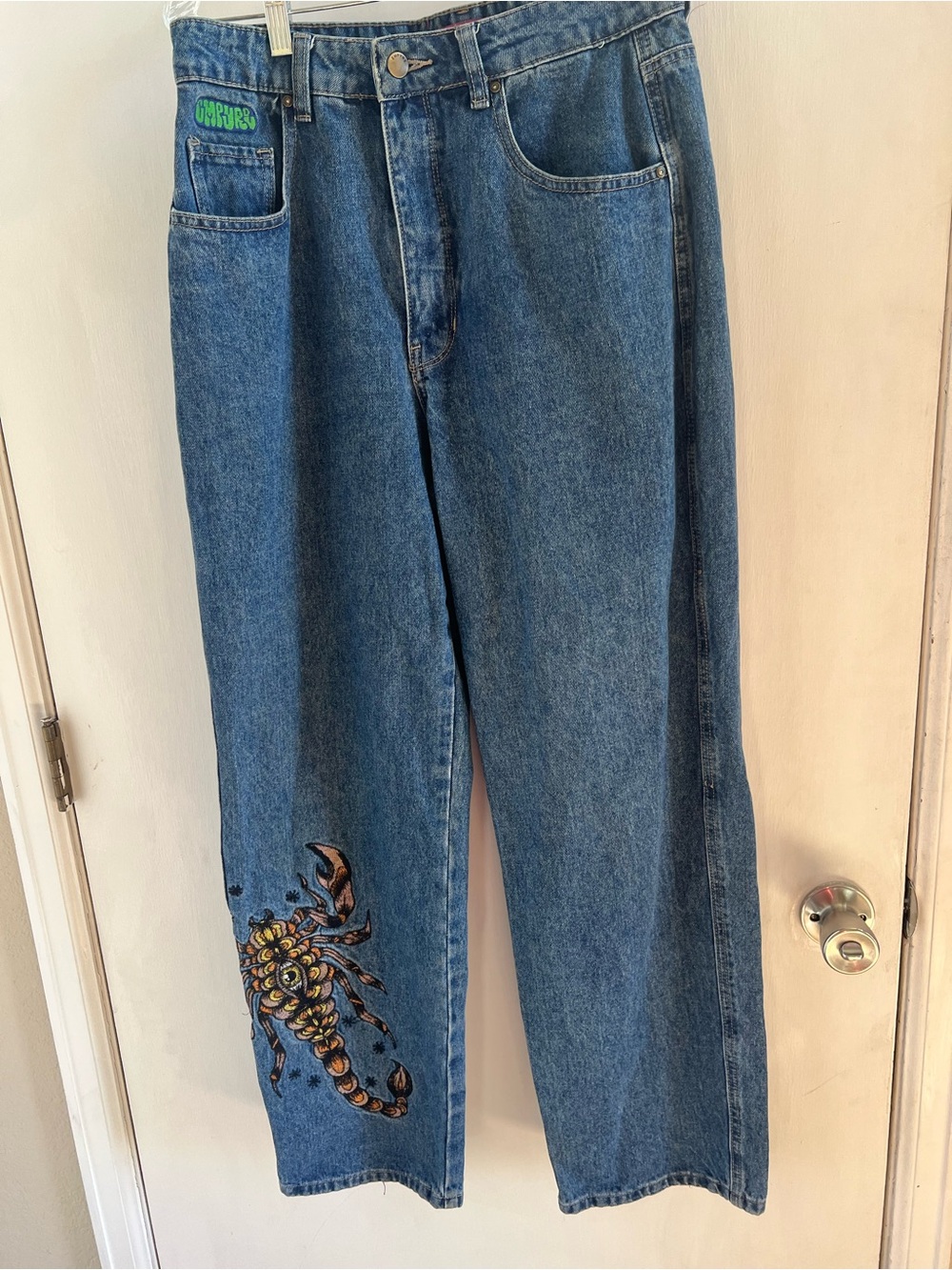 Baggy Skater Street Style Denim Wide Leg Jeans with embroidery on front and side